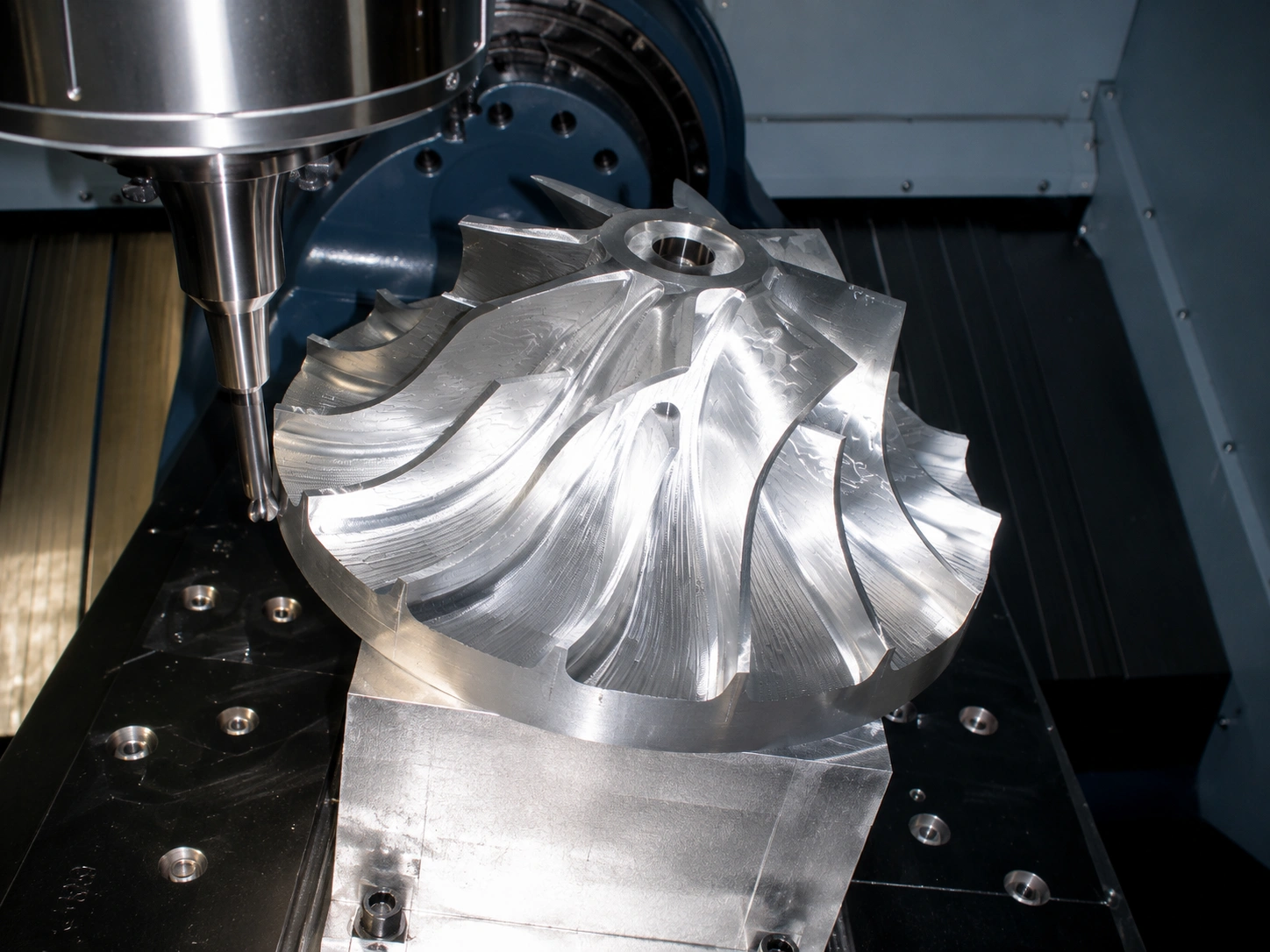 Close-up of a 5-axis CNC machine milling a high-precision titanium impeller with complex curved blades inside a modern machining center.
