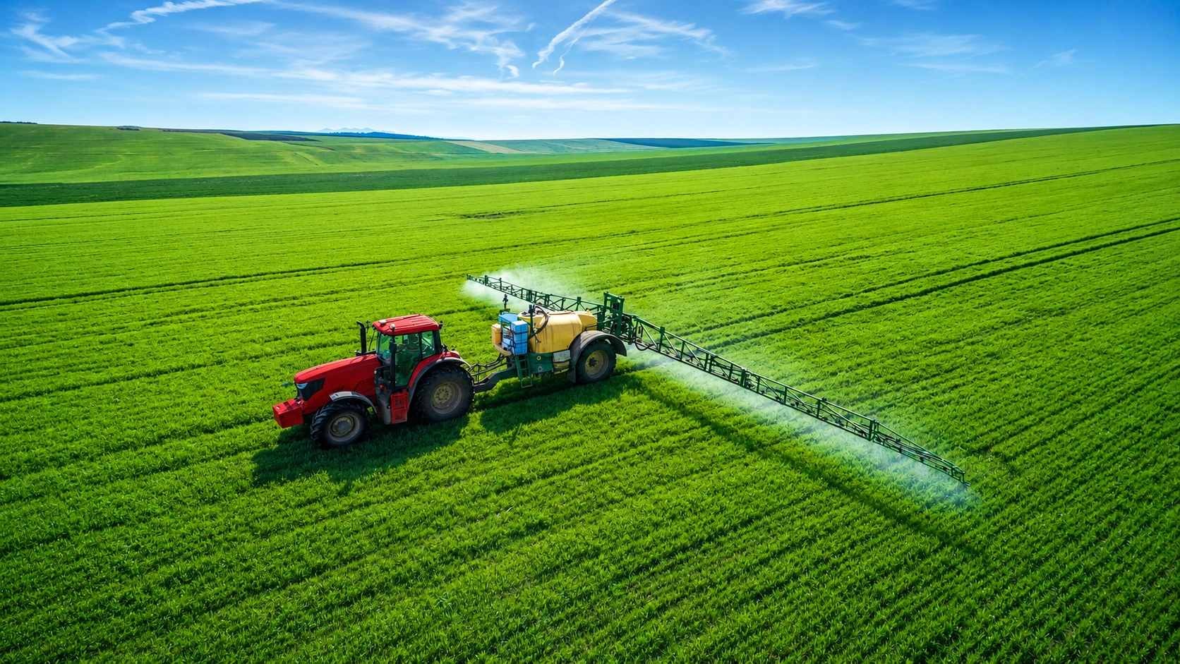 Red agricultural tractor spraying crops across a large green farmland field under a clear blue sky.