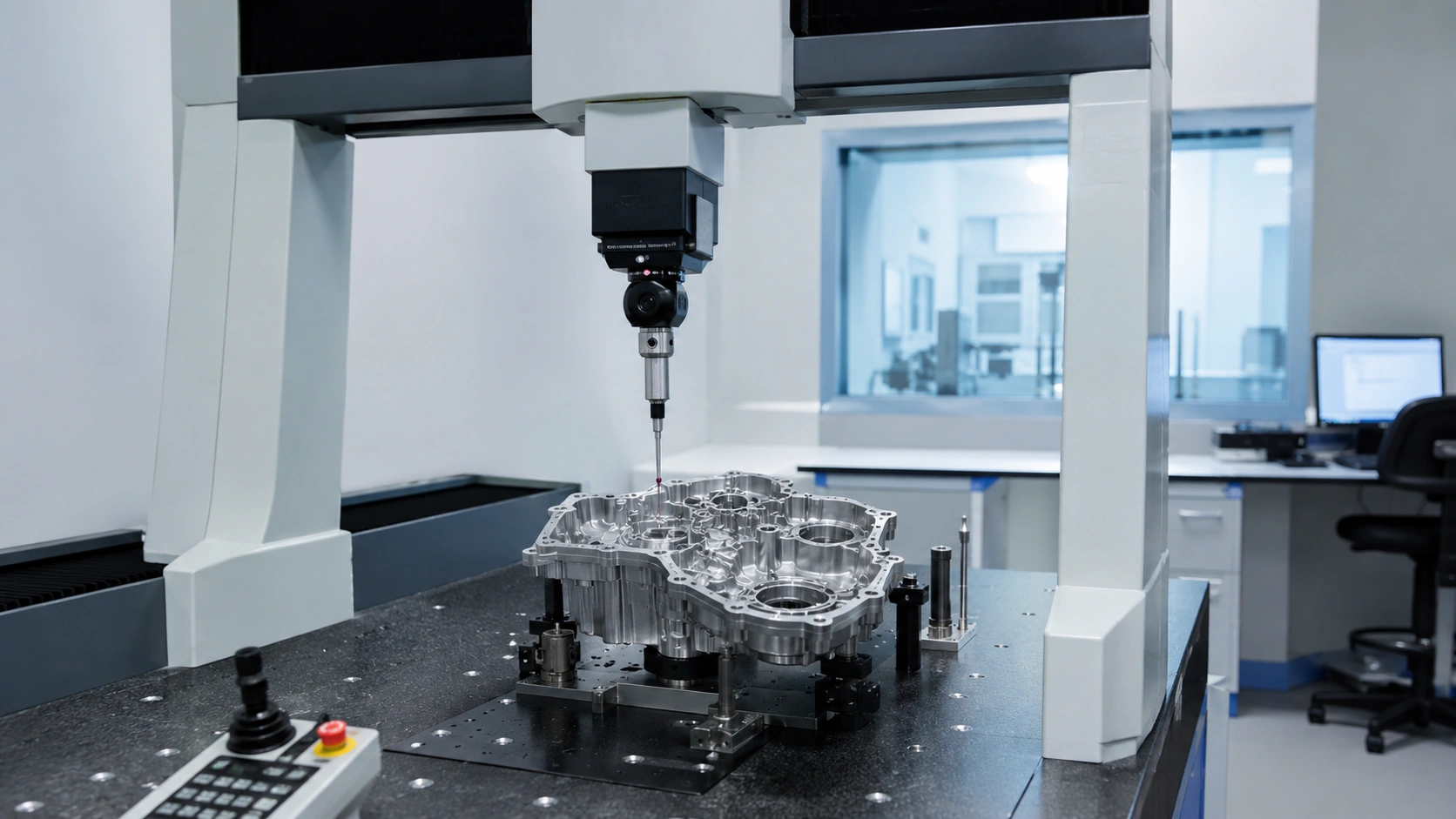 Coordinate measuring machine inspecting a precision-machined metal component for dimensional accuracy and manufacturing quality control.