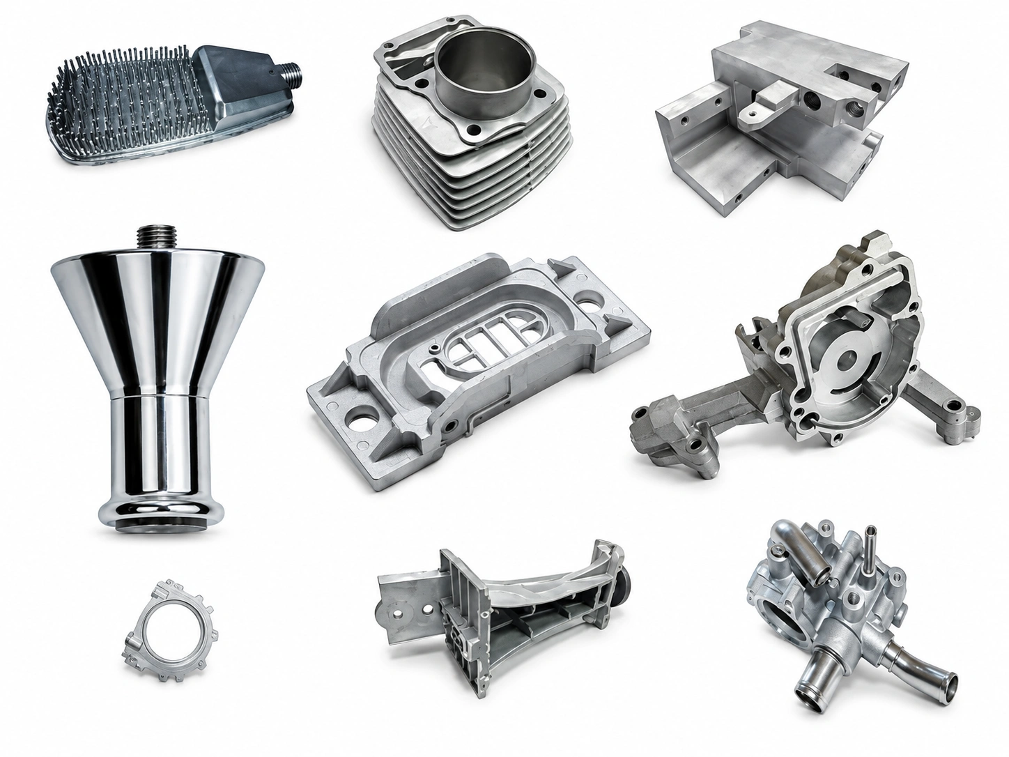 Custom aluminum die-cast parts, including housings, brackets, engine components, heat sinks, and precision industrial castings on a white background.