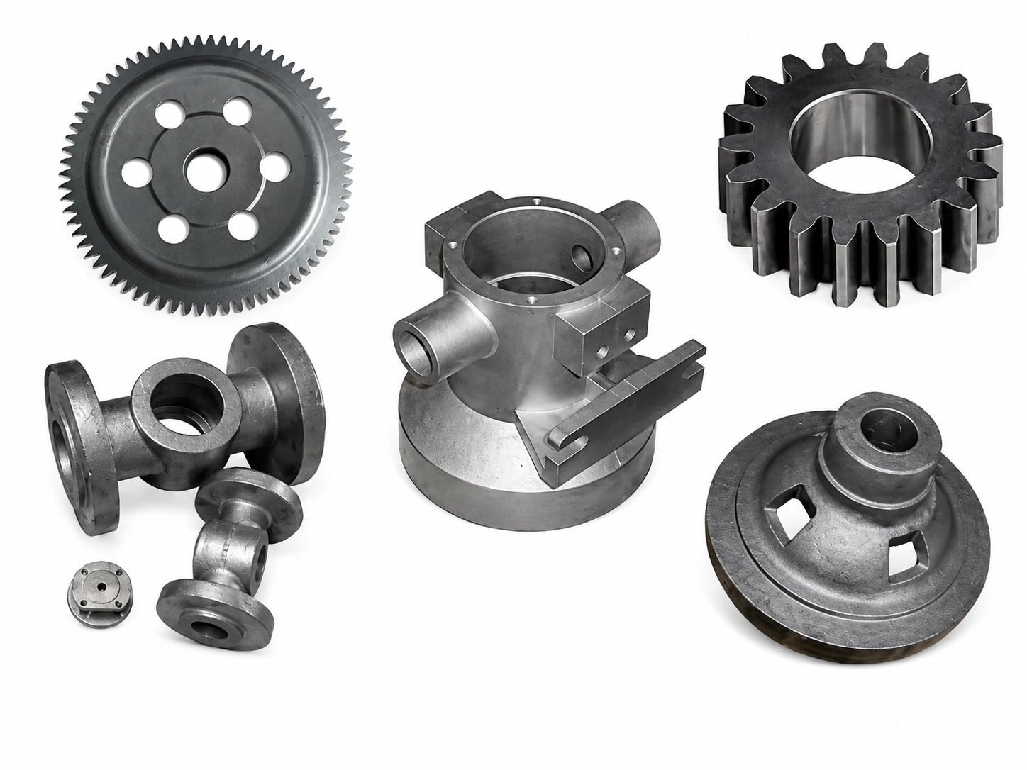 Custom carbon steel casting parts, including gears, valve bodies, housings, flanges, and industrial mechanical components on a white background.