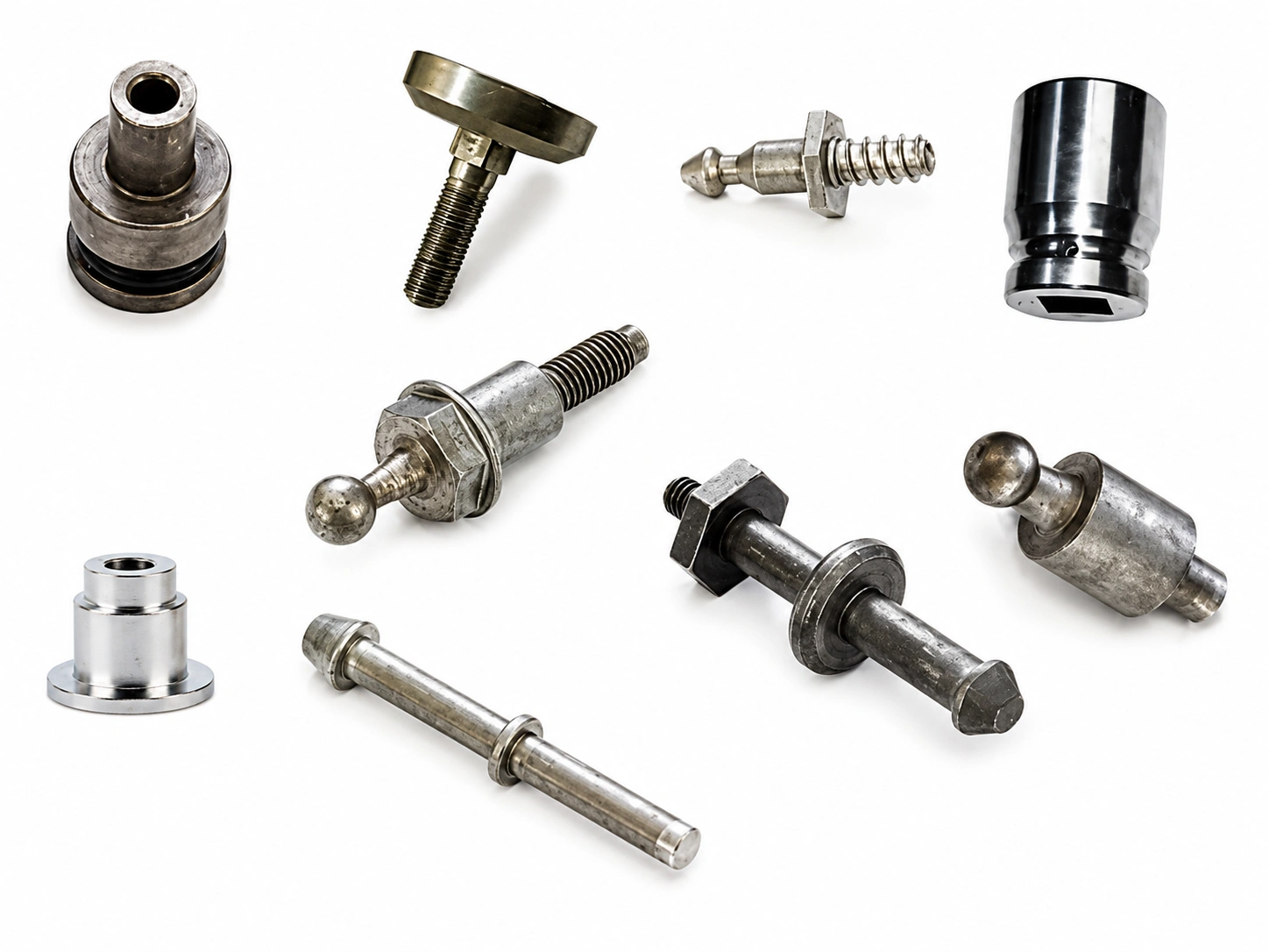 Custom cold-forged metal parts, including threaded fasteners, pins, shafts, studs, and precision components, on a fully white background.