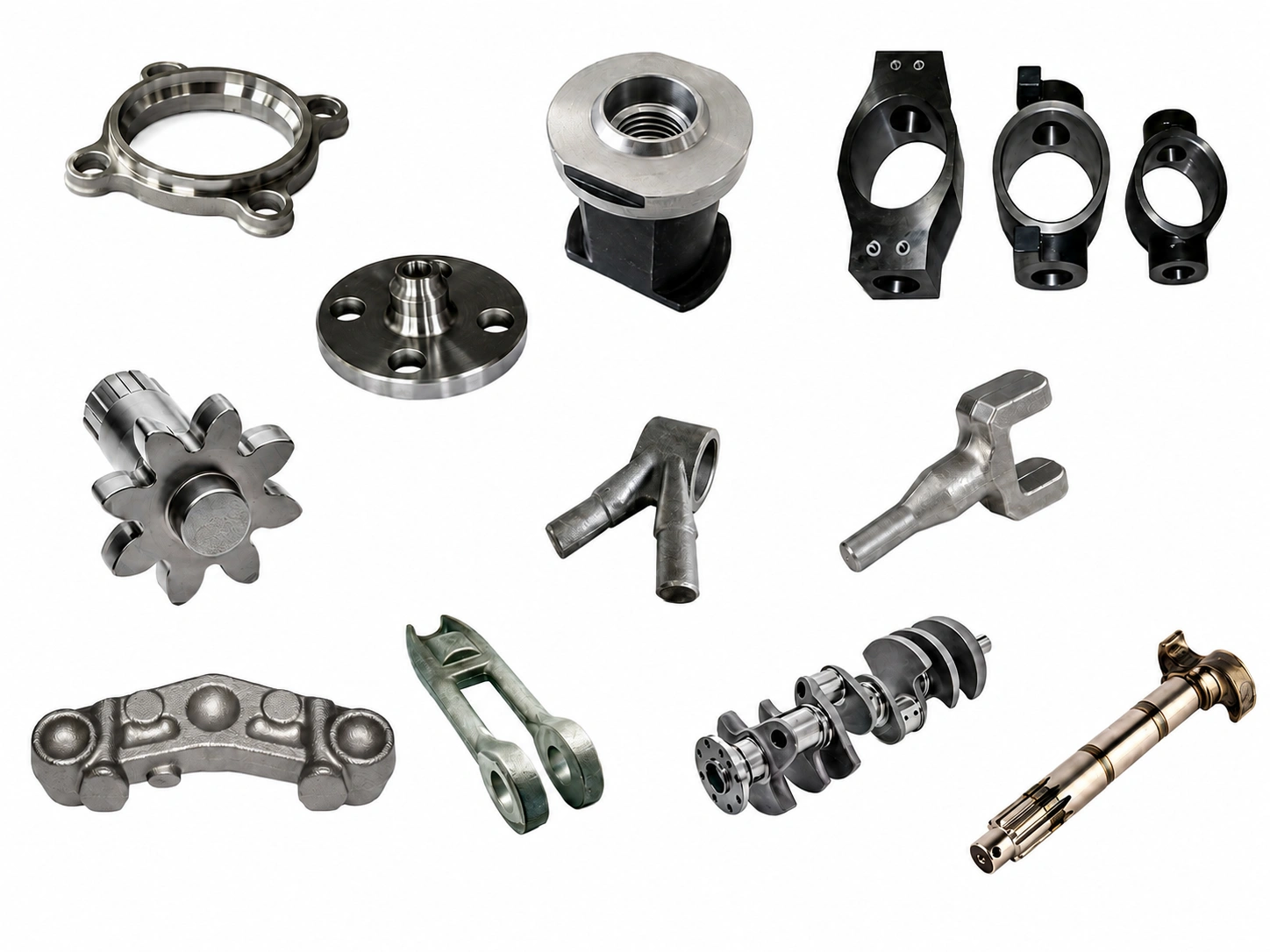 Custom hot-forged and precision-machined metal components, including flanges, shafts, brackets, gears, and crankshaft parts, on a white background.