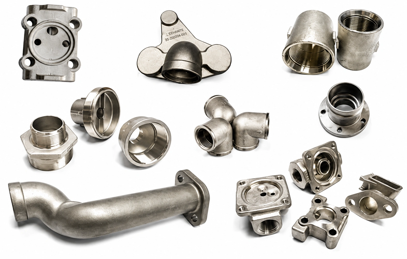 Custom investment-cast metal parts, including valve bodies, threaded fittings, flanges, housings, and industrial pipe components.