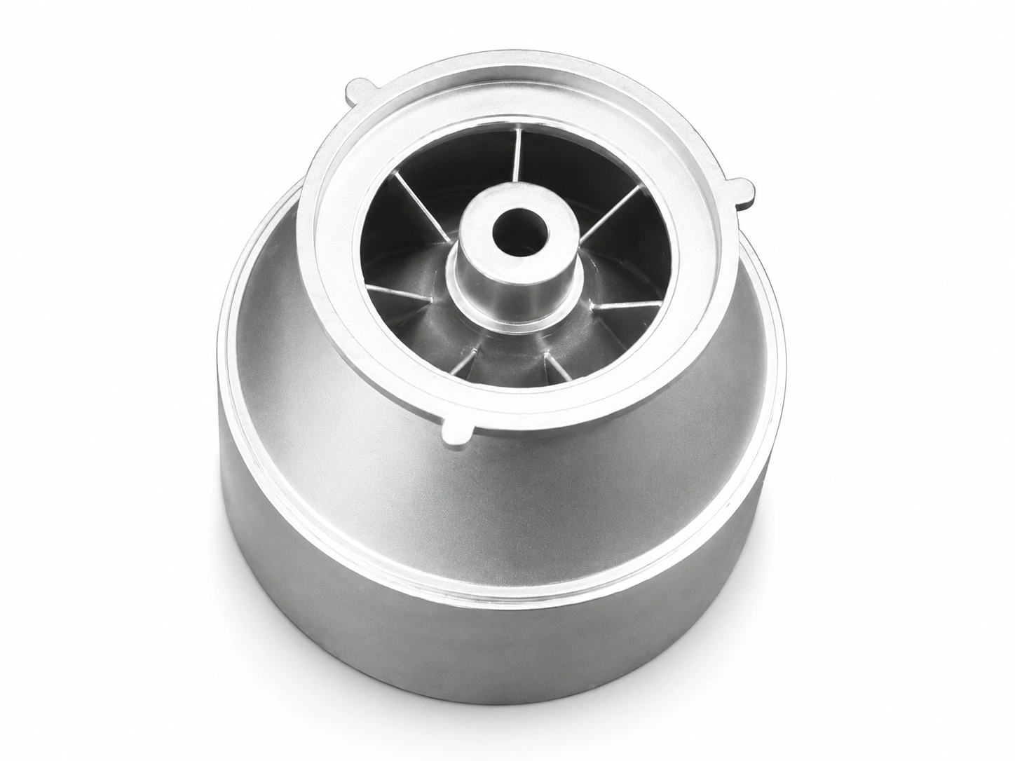 High-precision duplex stainless steel investment-cast pump housing featuring machined flanges, mounting ports, and corrosion-resistant surface finish.