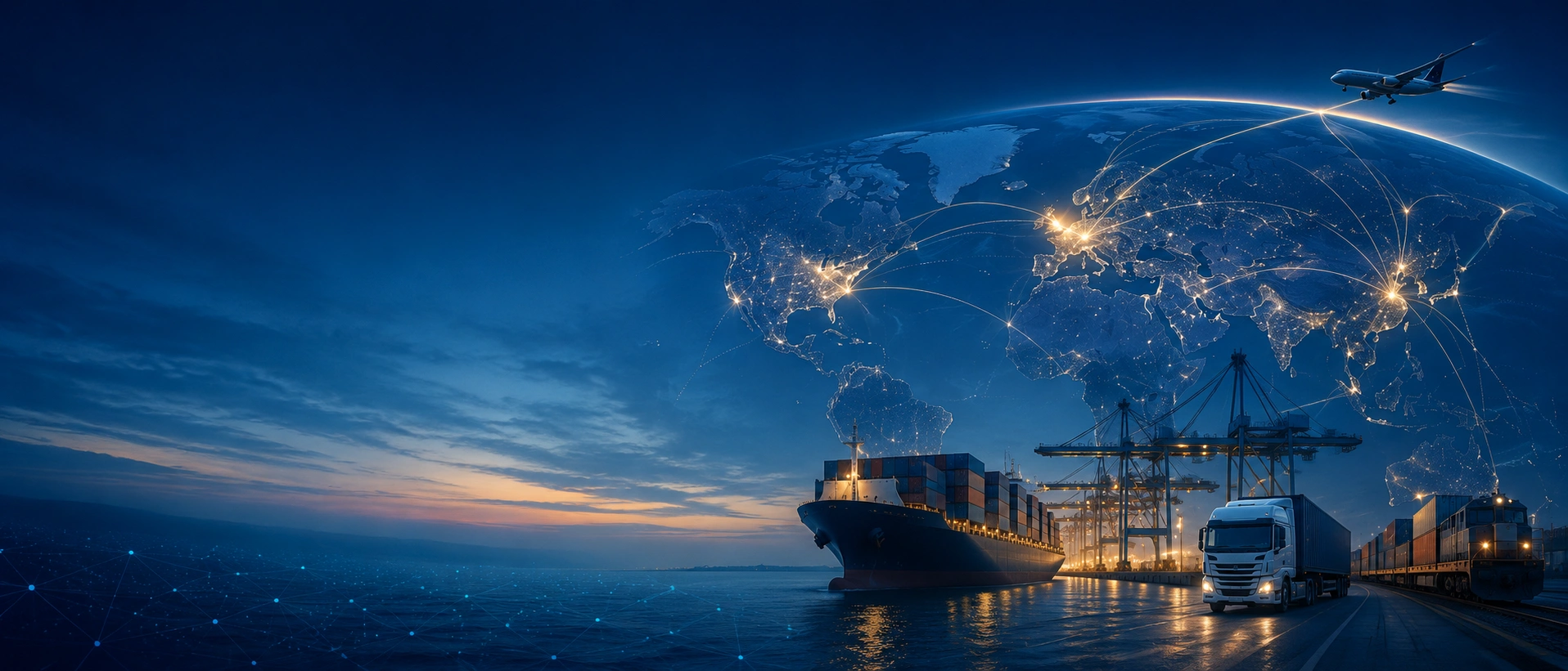 Global logistics network connecting international shipping, air freight, trucking, and rail transportation across major manufacturing and distribution hubs.