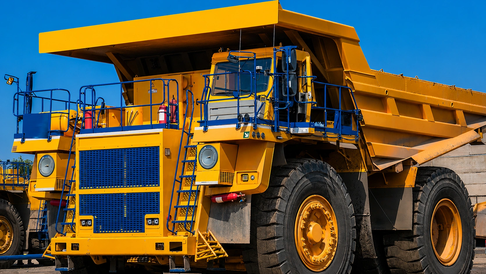 Close-up of a large yellow mining dump truck with oversized tires, heavy-duty suspension, and elevated operator cab for open-pit mining operations