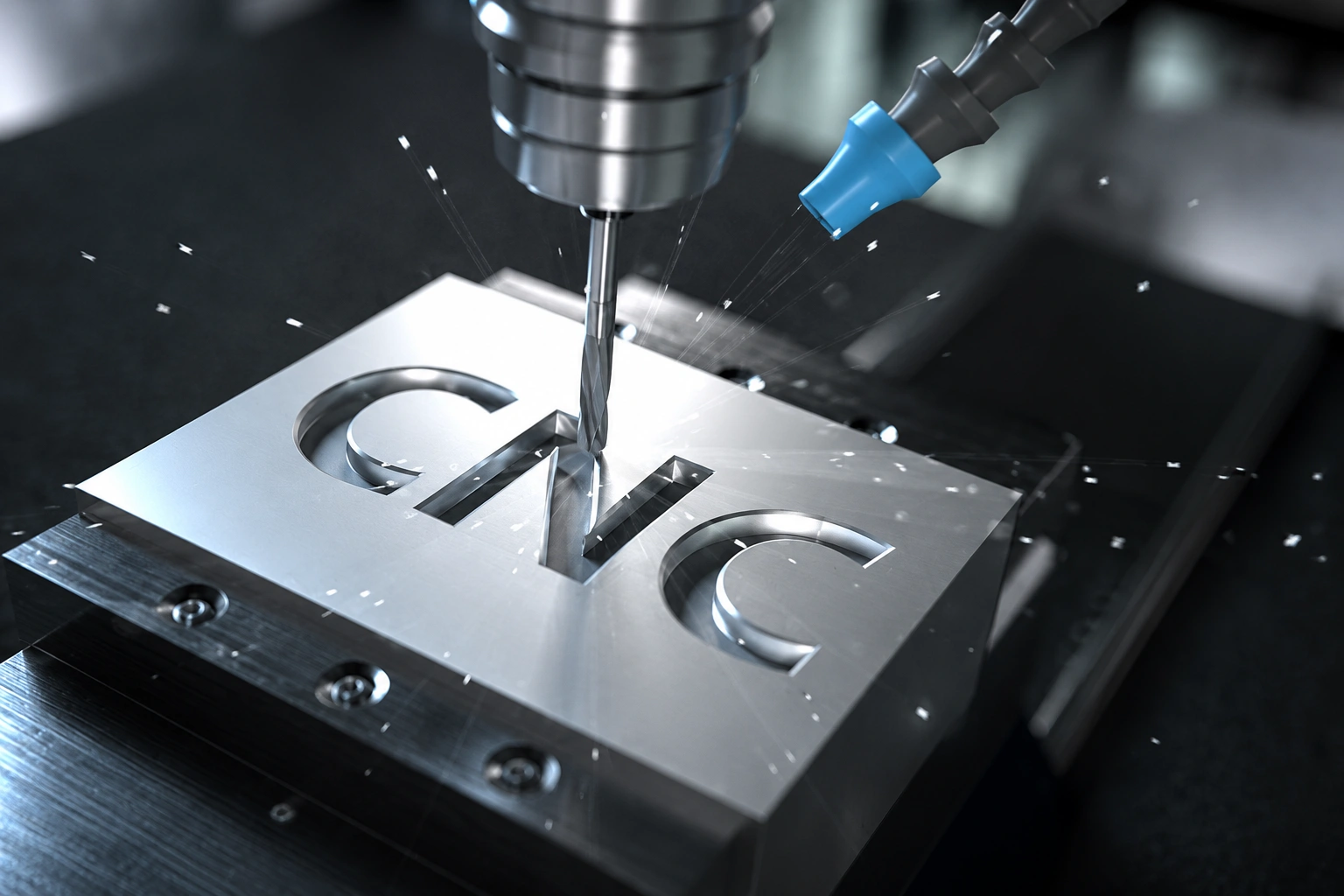 High-precision 5-axis CNC machining setup cutting intricate metal component with tight tolerances.