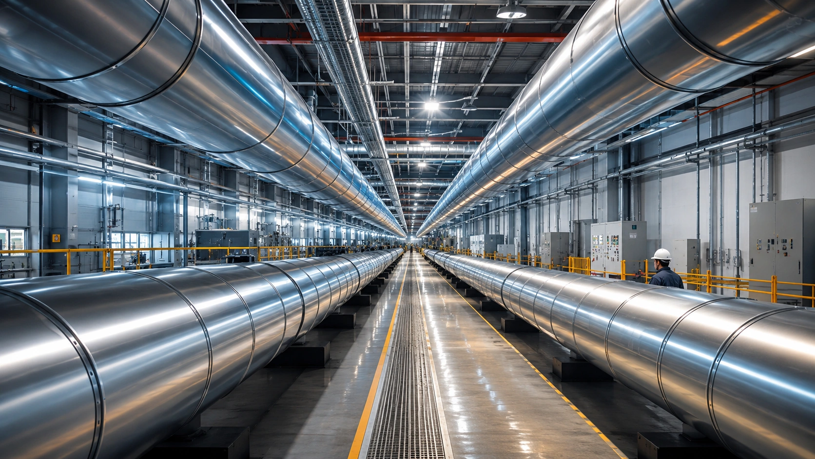Wide interior view of a modern industrial HVAC facility with large stainless steel ductwork, production equipment, and workers.