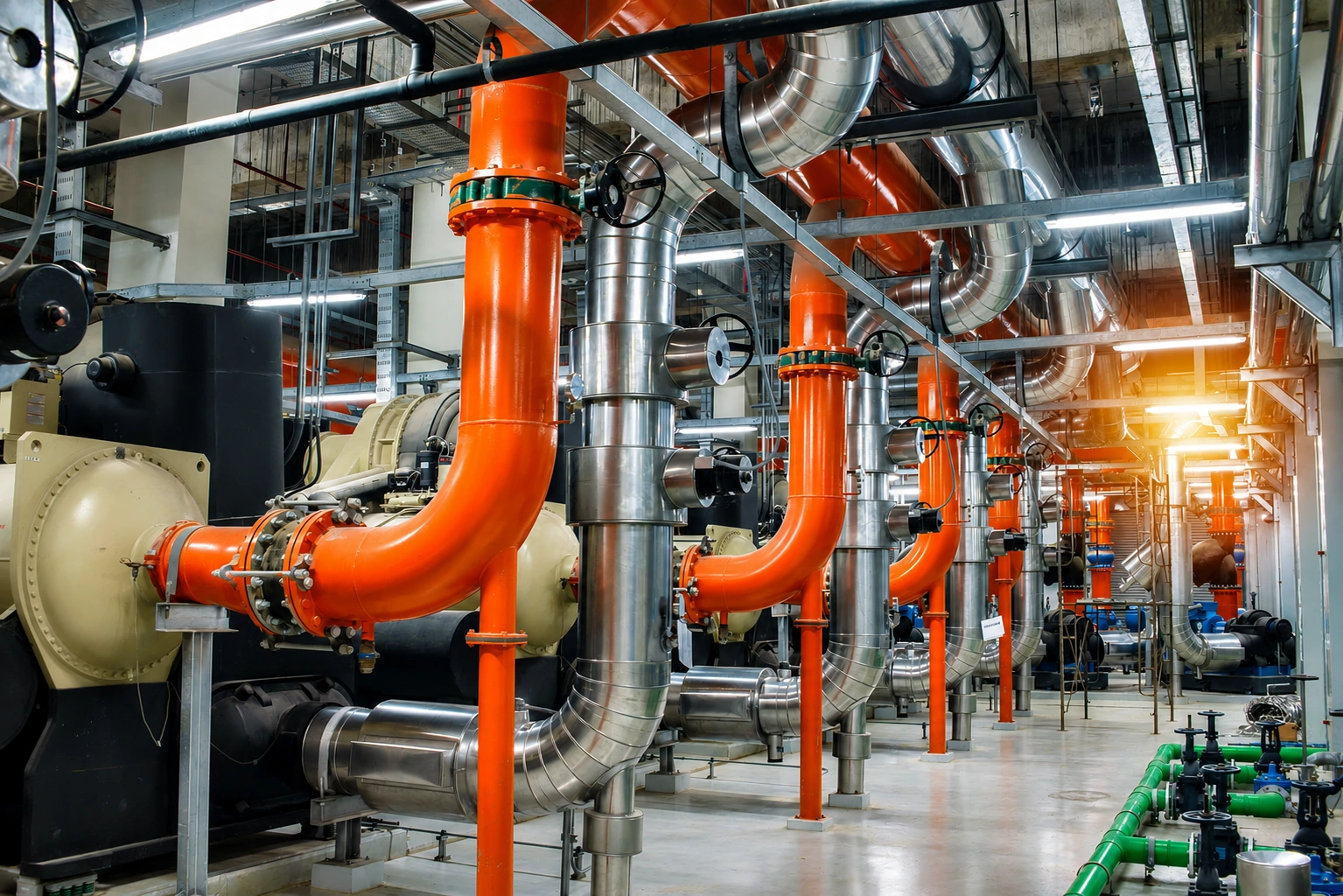 Large industrial HVAC mechanical room with orange process piping, insulated metal ducts, valves, pumps, and flow-control equipment.