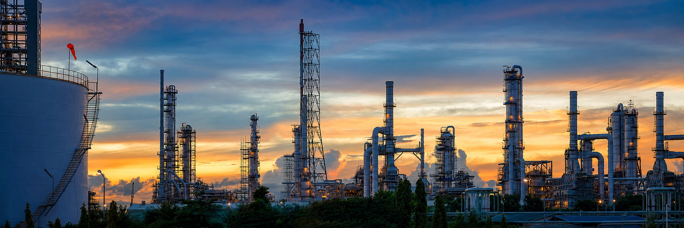 Oil and gas refinery with processing towers, pipelines, and storage tanks illuminated at sunset.