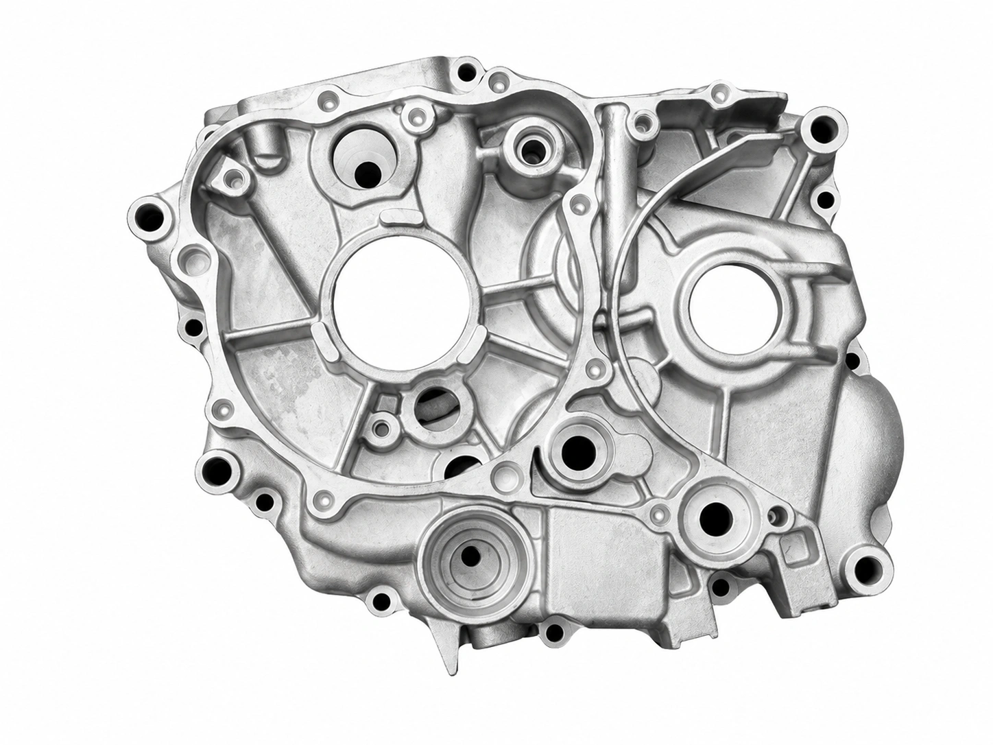 Precision magnesium die-cast automotive engine housing with reinforced ribs, machined openings, and mounting holes on a white background.