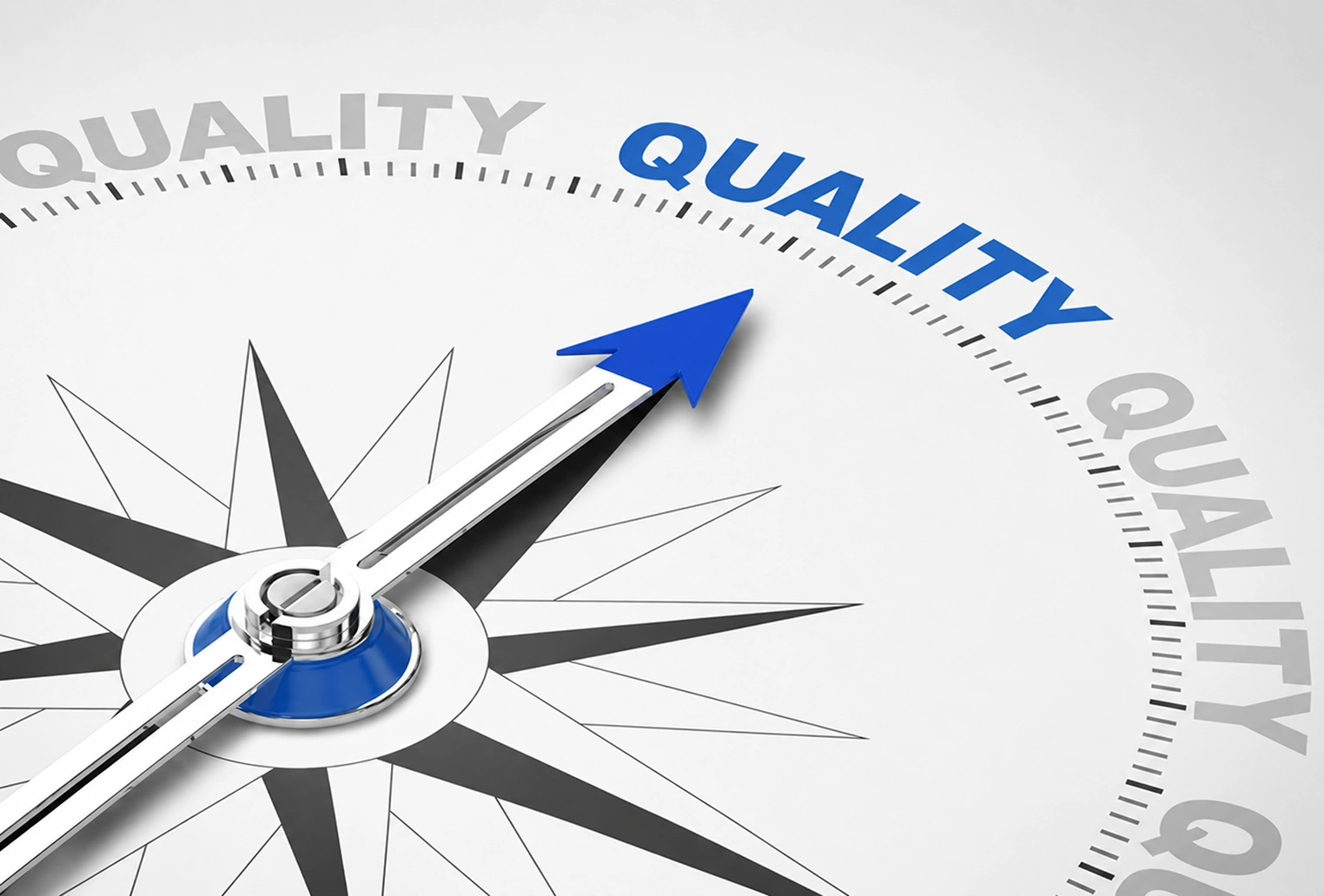 Quality assurance compass pointing toward manufacturing excellence, precision, and continuous improvement.