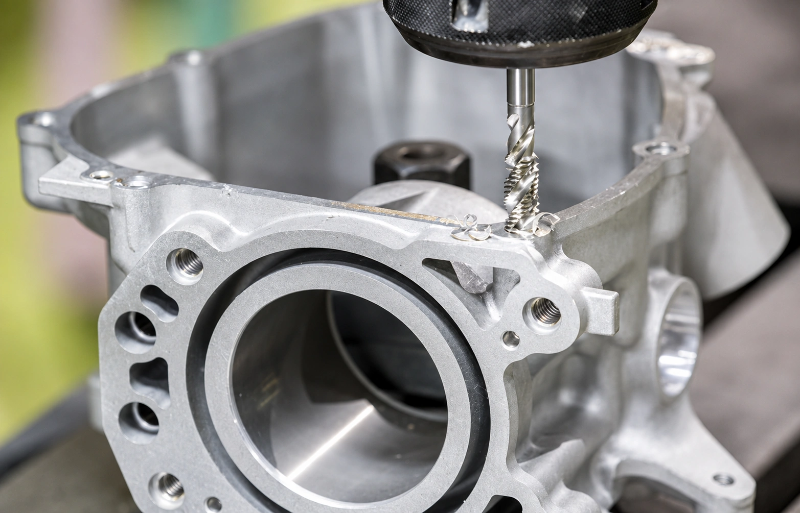 Close-up of a CNC cutting tool machining threaded features on a precision aluminum housing component.