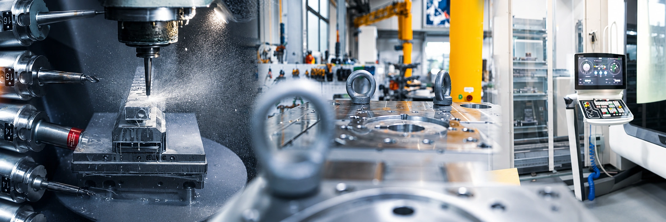 Precision CNC milling machine cutting a metal component in a modern manufacturing workshop with automated equipment and digital controls.