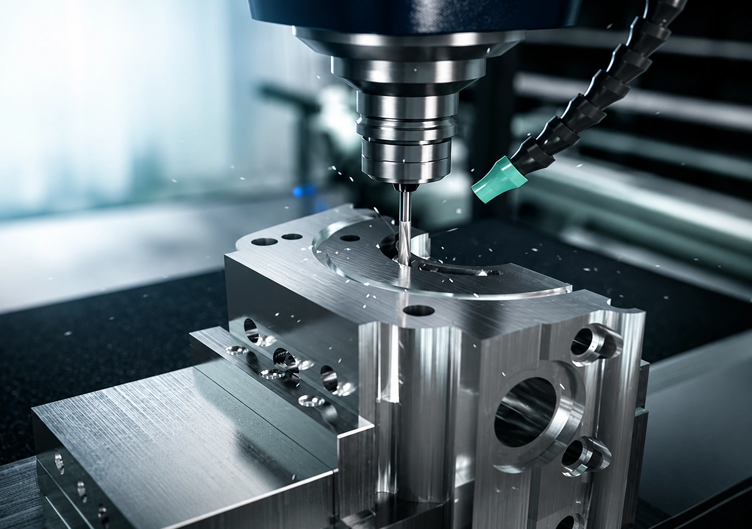 Close-up of a CNC milling machine cutting a complex aluminum component with a precision end mill inside a modern machining center.