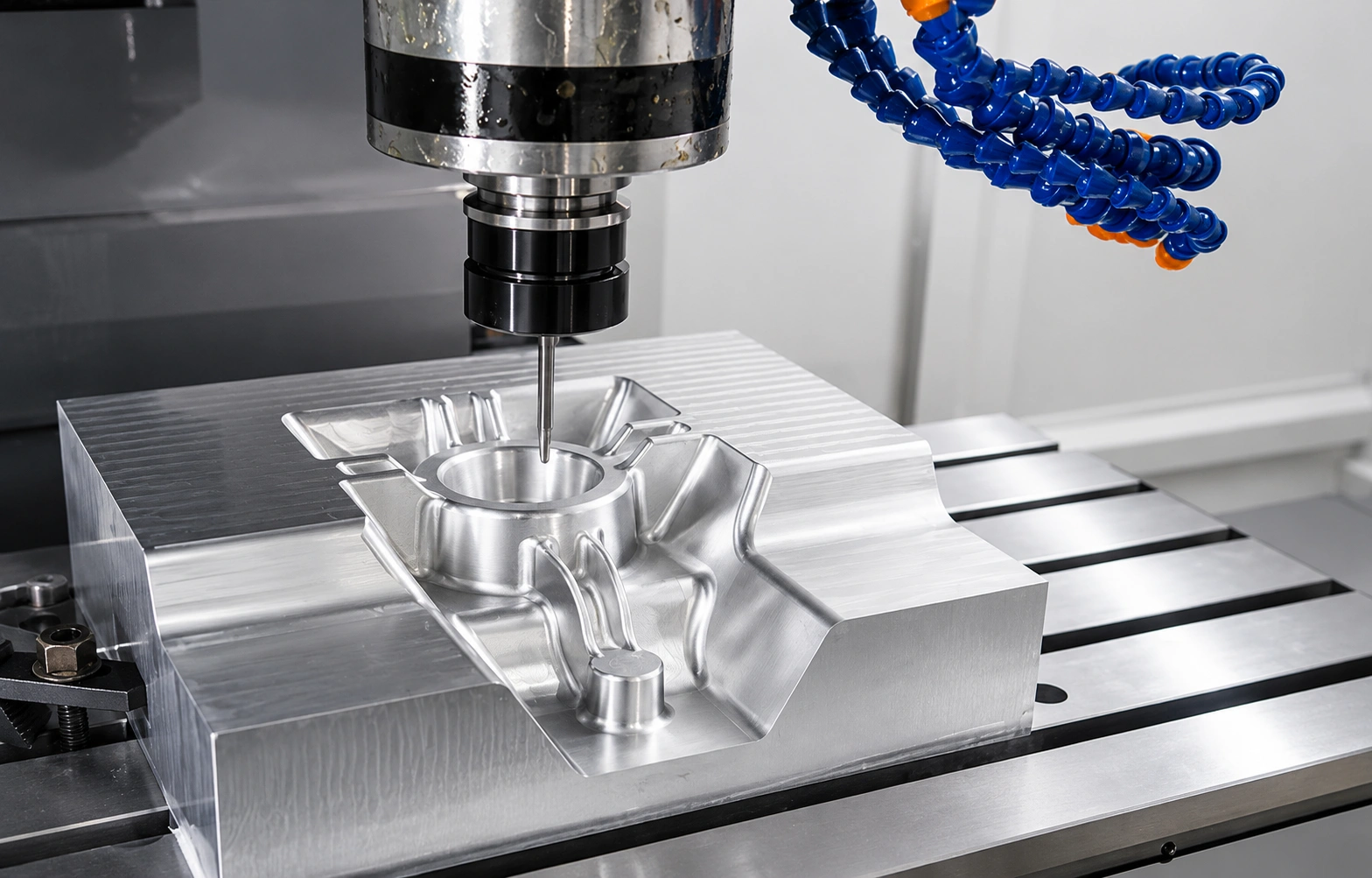 CNC milling machine finishing a complex aluminum mold tool with precision contours inside a modern machining center.