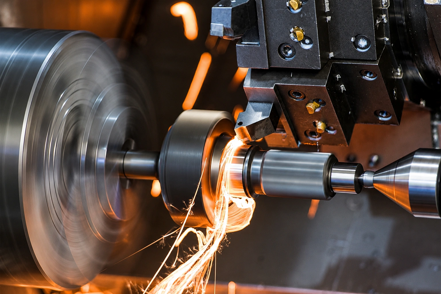 Close-up of a CNC lathe turning a stainless steel shaft with sparks during high-precision metal machining.