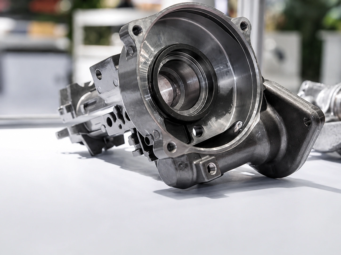 Close-up of a precision-machined metal pump housing with finished bores, mounting holes, and complex industrial geometry.