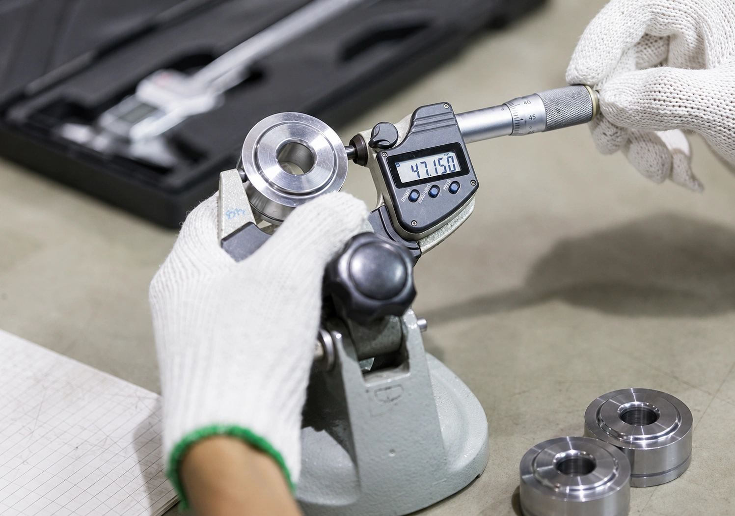 Quality inspector using a digital micrometer to measure a precision-machined metal component for dimensional accuracy and manufacturing compliance.