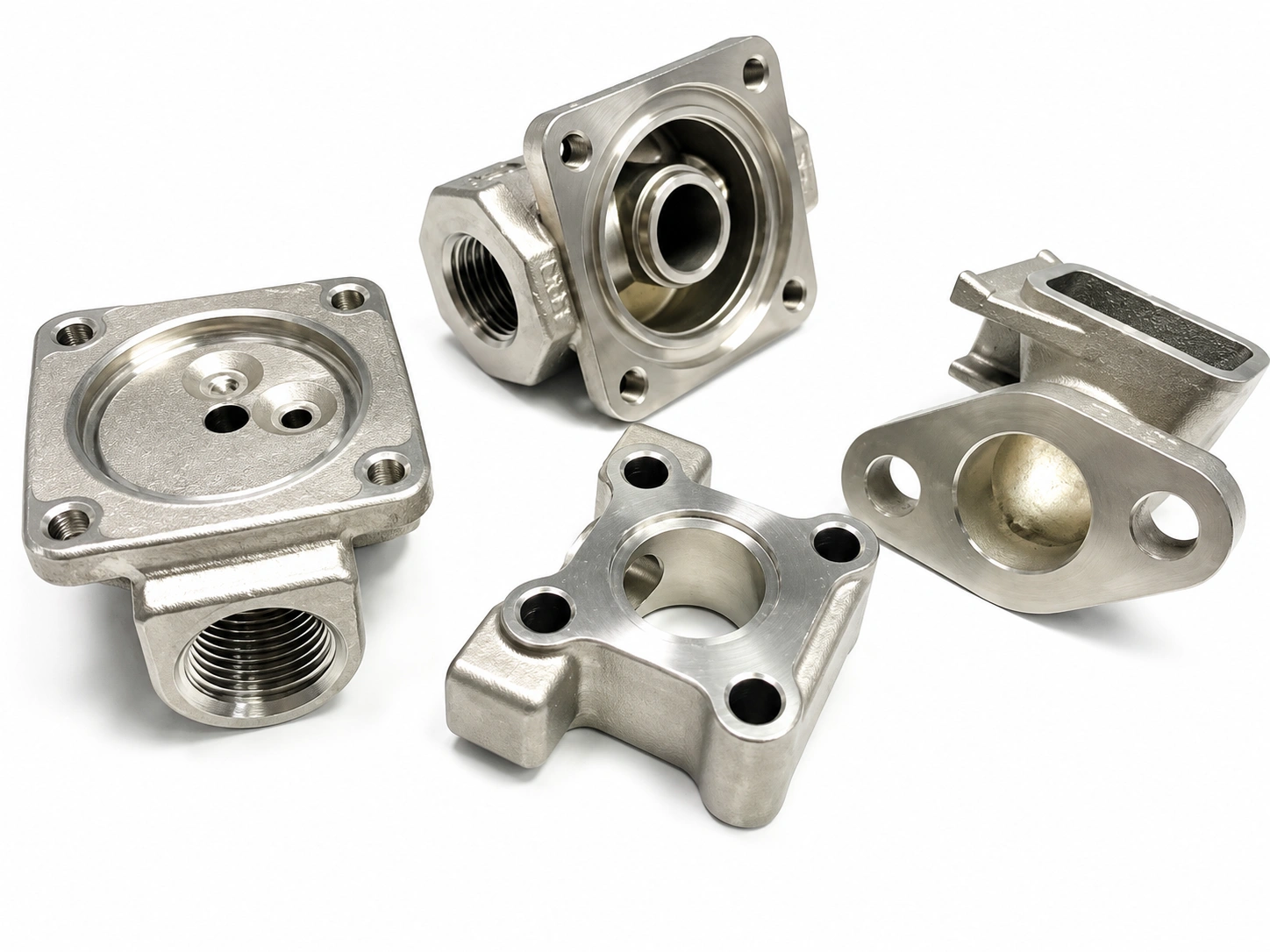 Precision stainless steel casting parts including machined valve bodies, threaded pipe fittings, mounting flanges, and industrial housings.