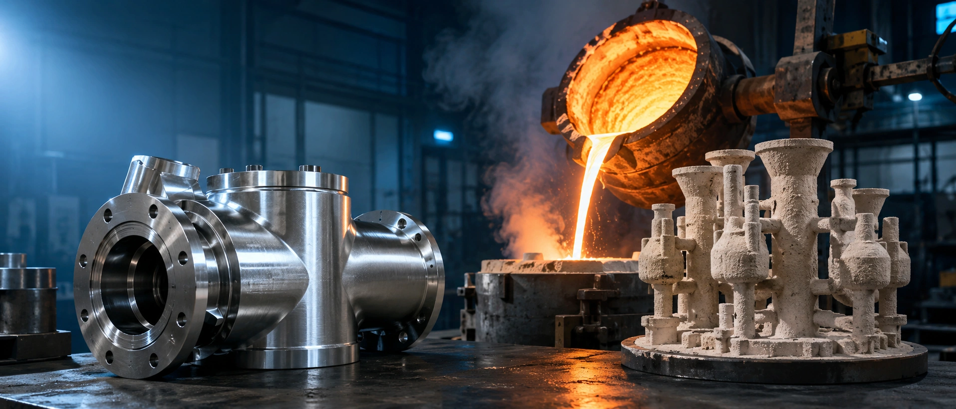 Duplex stainless steel casting hero image displaying finished precision cast components, ceramic mold structures, and foundry pouring operations